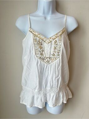 🟢 5 for $25 🟢 Boho White Cotton Sequin Embroidered Cami Tank Top Festival
